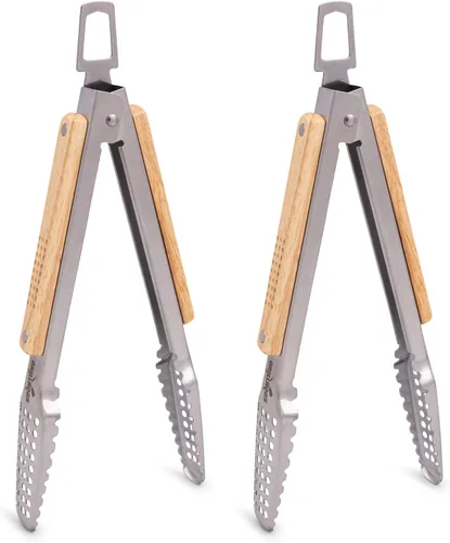 Miniatura 20 de Pinzas para barbacoa de acero inoxidable 18/0 de 9 pulgadas con mango ergonómico de madera de roble real para cocinar, accesorio duradero