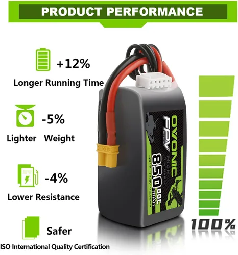 Miniatura 4 de OVONIC 80C 4S 850mAh Lipo Batería 14.8V con XT30 Plug para Cinewhoops 2pcs