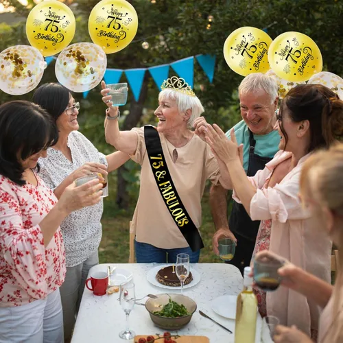 Miniatura 2 de Kit de tiara y banda de cumpleaños número 75 – '75 y fabuloso' banda negra y corona de diamantes de imitación dorados para mujer 75 cumpleaños