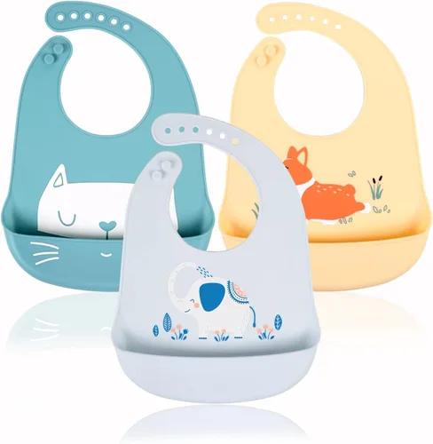 Miniatura 11 de Baberos de alimentación del silicón del bebé, 3pcs baberos impermeables ajustables para la alimentación