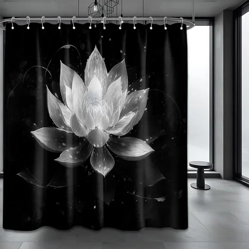 Miniatura 32 de Cortina de ducha con flores de loto negro y azul para decoración de baño, juego de cortinas decorativas de baño con estampado floral, tela
