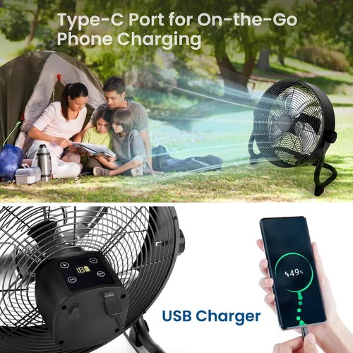 Miniatura 7 de Ventilador de piso recargable de 15 pulgadas para garaje en el hogar al aire libre; motor de cobre DC sin escobillas de alto rendimiento