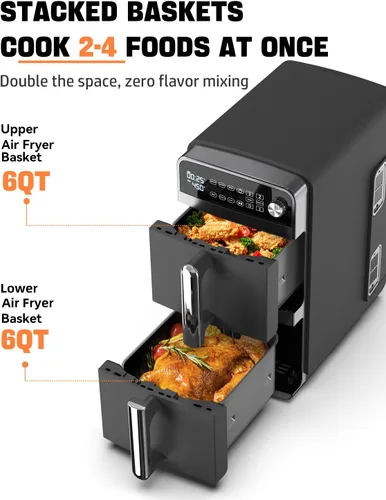 Miniatura 2 de Horno freidor de aire de doble capa de 12QT, capacidad de 6QT×2, diseño vertical de 2 cestas, función 7 en 1 con parrilla, asar, hornear