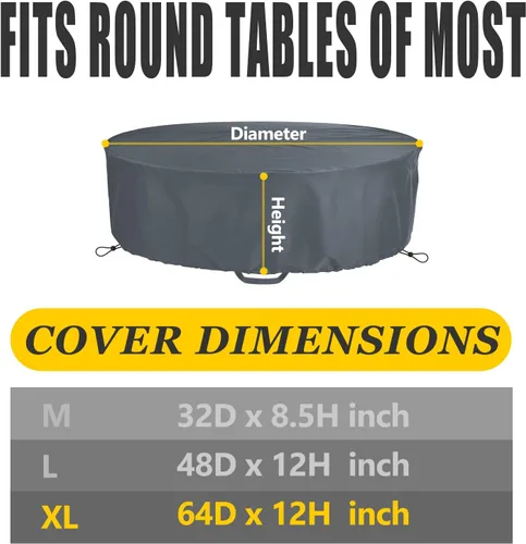 Miniatura 2 de Funda de mesa redonda, adecuada para mesa redonda de patio de 64 pulgadas de diámetro, tela Oxford de doble capa gruesa, antidesgarros, con asa, Gris