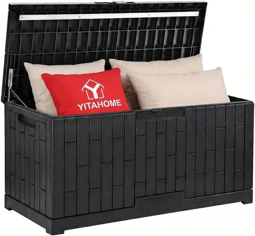 Miniatura 13 de YITAHOME Caja grande de cubierta de 120 galones con parte delantera en forma de X, cajas de almacenamiento de resina para exteriores, banco de Negro