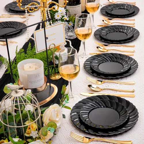 Miniatura 6 de U-QE 100 platos de plástico negro, platos desechables negros resistentes, que incluyen 50 platos llanos de 9 pulgadas y 50 platos de postre de 6.5