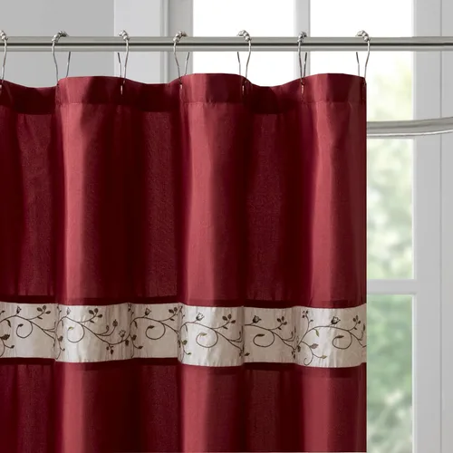Miniatura 2 de Madison Park Cortina de ducha de tela Serene Flora, cortinas de ducha bordadas de transición para baño, 72 x 72 pulgadas, roja Rojo