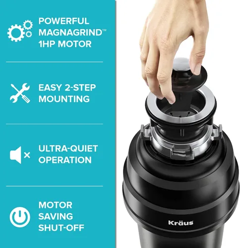 Miniatura 3 de KRAUS WasteGuard KWD100-100MBL - Triturador de basura ultra silencioso de 1 HP con conexión rápida, cubierta de drenaje para fregadero de cocina