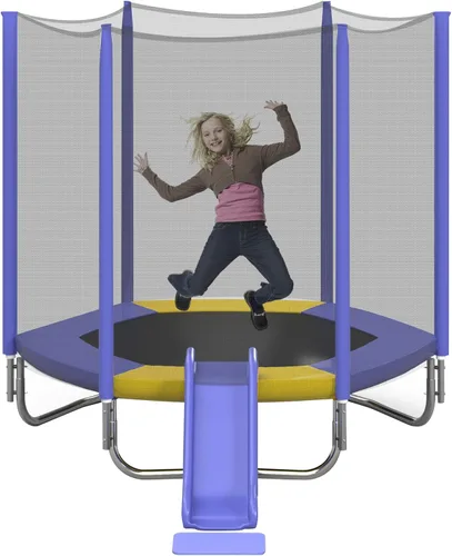 Miniatura 10 de Merax - Trampolín para niños de 7 pies con red de seguridad, tobogán y escalera, fácil de montar, redondo, para recreación al aire libre Azul