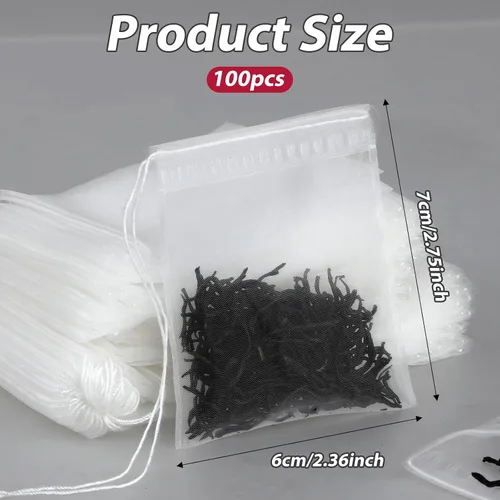 Miniatura 2 de 100 bolsas de té sueltas, bolsas de filtro de té, bolsas de malla desechables con cordón pequeño, bolsas de té vacías para café, bolsita