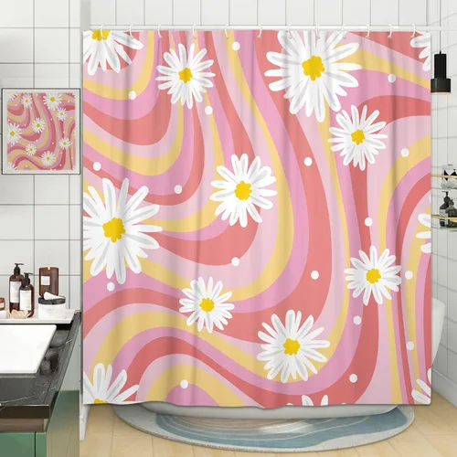 Miniatura 3 de JAWO Bonita cortina de ducha abstracta verde salvia con margaritas para caravana de viaje, remolque, baño, juego de cortinas de ducha de tela
