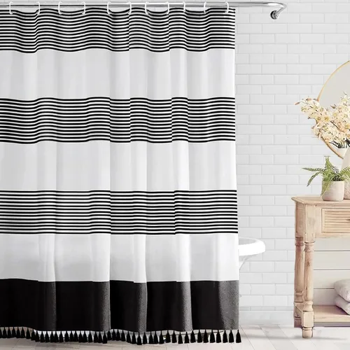 Miniatura 15 de bufftieo Cortina de regadera gris y blanca para baño con borlas estilo rústico moderno, cortinas de tela a rayas boho, juego de cortinas de regadera