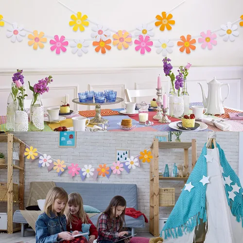 Miniatura 6 de Juego de 5 banderines de margaritas con diseño de margaritas bohemias, guirnaldas de papel hippie para fiesta, pancartas de flores coloridas
