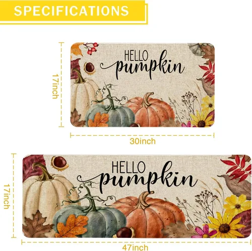 Miniatura 3 de Juego de 2 Tapetes de Cocina Hello Fall, Alfombra de Cocina de Calabaza de Acción de Gracias, Alfombra de Piso Decorativa Creativa de Vacaciones