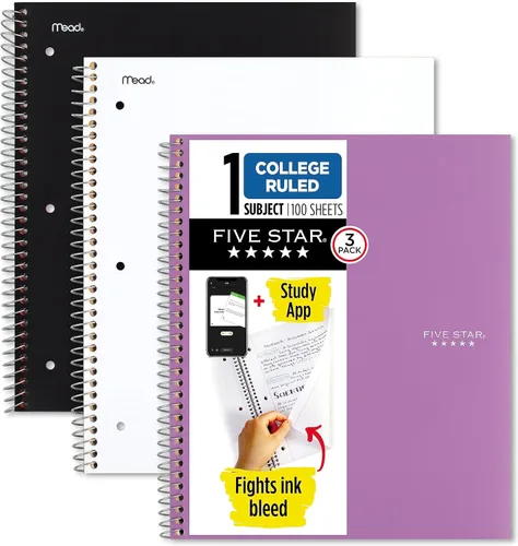 Five Star Cuadernos de espiral + aplicación de estudio, paquete de 3, 1 materia, papel rayado universitario, 100 hojas, 11 x 8-1/2 pulgadas, negro,