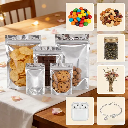 Miniatura 5 de Ellbest 100 bolsas de plástico resellables de aluminio Mylar de aluminio, bolsas de almacenamiento plateadas, bolsas de almacenamiento herméticas