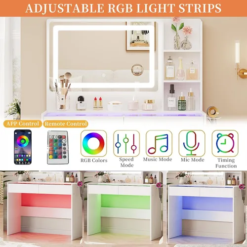 Miniatura 3 de Escritorio de maquillaje con espejo y luces, 3 modos de iluminación y brillo ajustable, tocador de maquillaje con toma de corriente, 2 cajones RGB