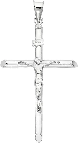 Colgante de cruz de crucifijo de oro blanco de 14 quilates, 1.65 x 0.87 pulgadas, acabado pulido, símbolo espiritual hecho a mano, joyería fina con