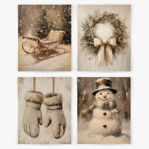 Decoración de pared beige navideña, juego de 4 láminas de arte de pared navideño de corona de muñeco de nieve vintage de Navidad, decoración