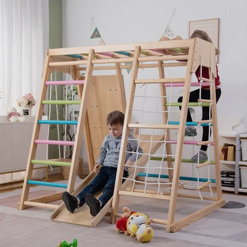 Avenlur Magnolia Zona de juegos para interiores 7 en 1, gimnasio de la selva para niños de 2 a 6 años - tobogán, pared de escalada, escalador de