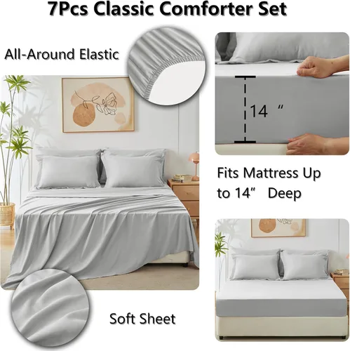 Miniatura 5 de CozyLux Juego de edredón de tamaño matrimonial, gris claro, toda la ropa de cama en una sola bolsa, 7 piezas: edredón, fundas de almohada