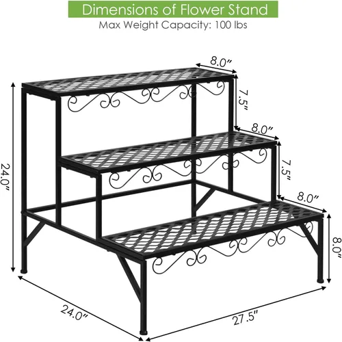 Miniatura 5 de Giantex Soporte de metal negro para plantas de 3 niveles, soportes de metal para plantas con 6-9 soportes de capacidad en maceta, estante