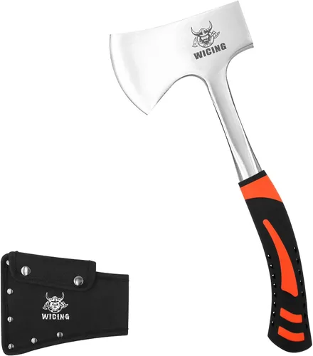Hacha de 13.8 pulgadas, hacha de campamento de acero de alto carbono y agarre de reducción de golpes con funda de nailon
