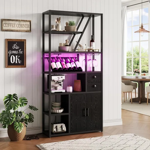 GarveeHome Armario de bar con luces LED, estación de barra de café de 71.2 pulgadas de alto con tomas de corriente y estante para vino, estante de