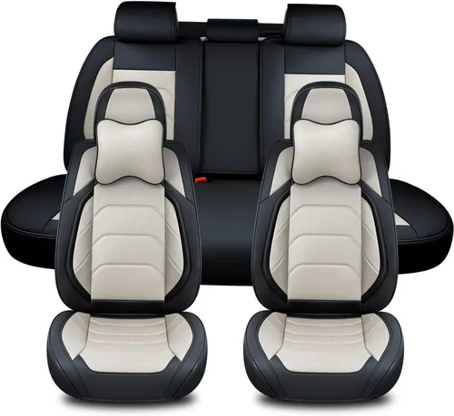 Miniatura 13 de TIEHESYT - Fundas de asiento de auto color negro, fundas de cuero transpirable para asientos delanteros y reposacabezas, ajuste interior universal