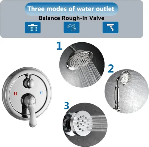 Miniatura 9 de Sistema de ducha cromado de 8 pulgadas, juego de grifo de ducha montado en la pared con chorros de cuerpo, sistema de ducha de lluvia de 3 funciones