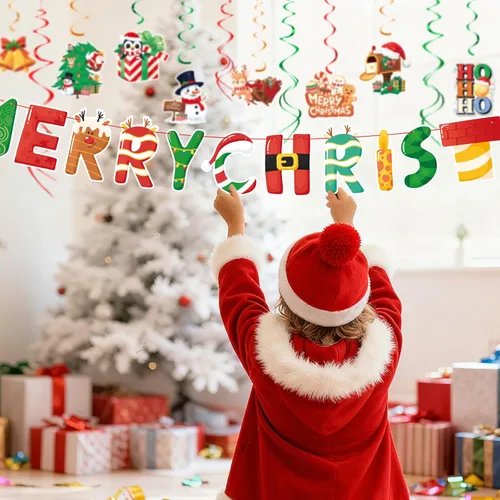 Miniatura 5 de Juego de decoración navideña: pancarta y remolinos colgantes, para el hogar, oficina, aula, decoración de fiesta de Navidad en interiores
