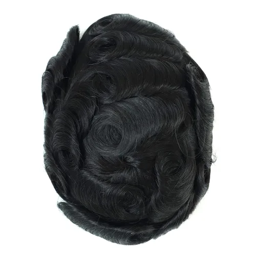 Miniatura 6 de Toupee - Sistema de reemplazo de cabello humano real negro para hombre, sistema de corte de cabello para hombres, piel fina, pelo real