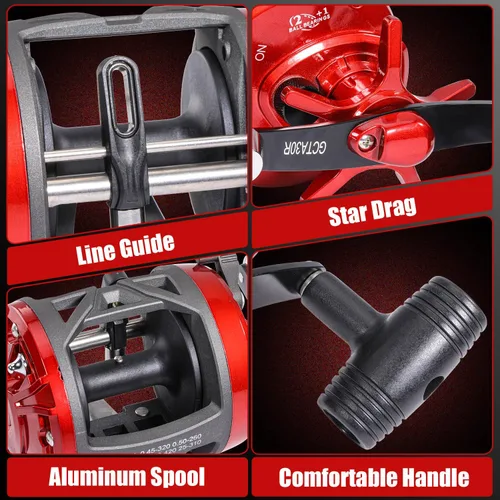 Miniatura 6 de Sougayilang Combo de Carrete Convencional y Caña de Pescar de Fibra de Vidrio, Media Pesada para Pesca de Bagres Rojo-6FT-3000