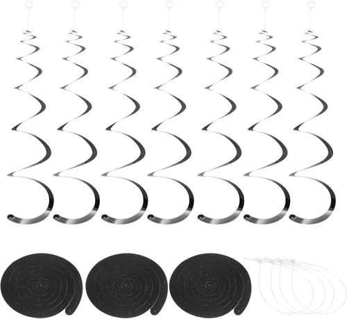 Miniatura 16 de MECCANIXITY 30 remolinos colgantes de fiesta negros de una sola tira para colgar decoraciones de 27.6 pulgadas, serpentinas colgantes de plástico