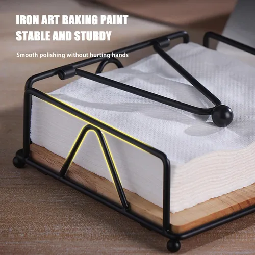 Miniatura 4 de Metal Napkin Holder with Weighted Tension Arm & Wooden Base, Rustic Dispenser for Table & Kitchen, Black
