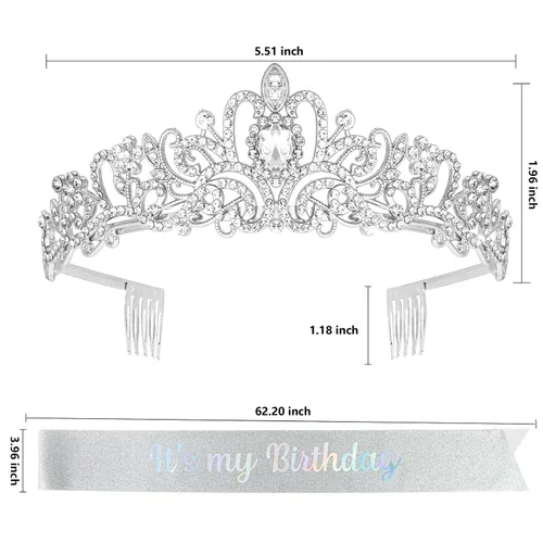 Miniatura 7 de YISSION Juego de tiara y banda de cumpleaños con diamantes de imitación plateados, banda con purpurina con corona de cristal para mujer