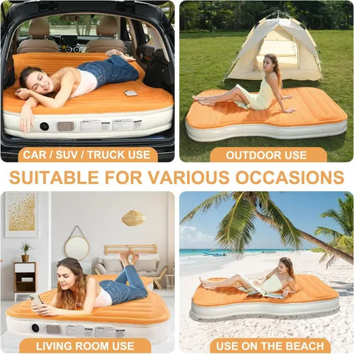 Miniatura 6 de KMZ Colchón de aire SUV con bomba incorporada y 2 almohadas, PVC flocado grueso, cama de aire de inflado rápido de 90 segundos, cama de aire Naranja
