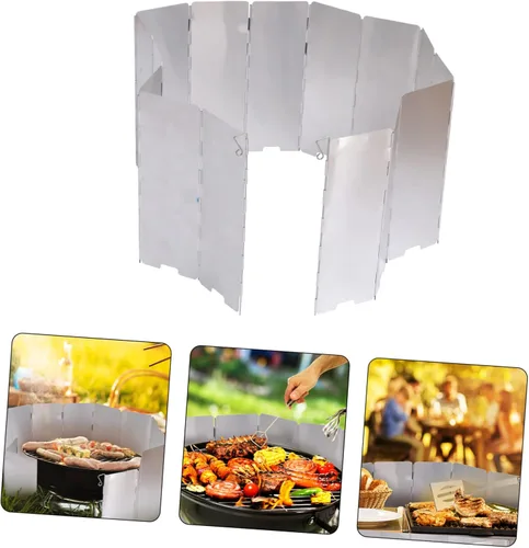 Miniatura 6 de GANAZONO 1pc Barbacoa Parabrisas Protector Protector de salpicaduras al aire libre Parabrisas al aire libre Aleación de aluminio plateado Utensilios