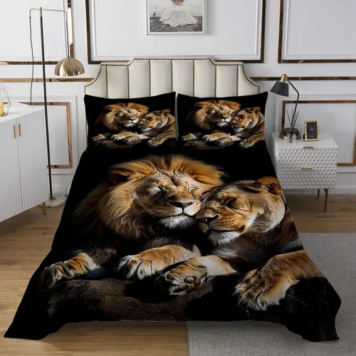 Miniatura 2 de Homewish Juego de colcha de 3 piezas con estampado de león en 3D de pareja de leones para niños, adolescentes, con temática de animales salvajes