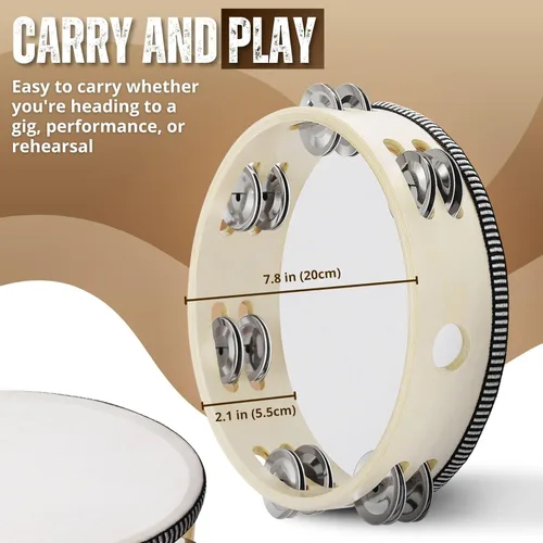Miniatura 9 de Flexzion Pandereta redonda de madera para niños y adultos de 8" pulgadas, 8 pares de jingles de fila única, instrumento de percusión de mano de Una