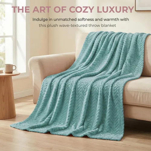 Miniatura 5 de Exclusivo Mezcla - Manta Queen para cama, mantas de vellón ligeras y acogedoras con textura decorativa de ola, adecuadas para invierno, celadón, 90