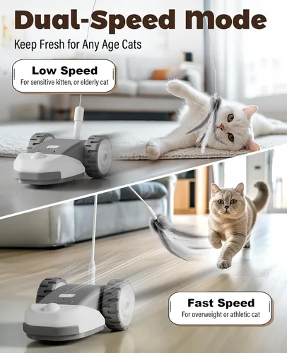 Miniatura 5 de CYROS Juguete interactivo 3 en 1 para gatos - Juguetes para gatos de ratón móvil automático de 2 velocidades para juego independiente con 2 piezas