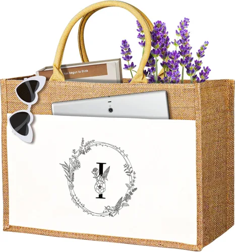 Miniatura 4 de JUSTOTRY Bolsa de mano con inicial, yute natural, grande, 13 onzas, personalizada, bolsa de lona con monograma, regalo para mujer