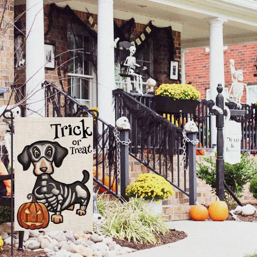 Miniatura 4 de Bandera de jardín de Halloween de truco o trato, perro fantasma, 12 x 18 pulgadas, pequeña de arpillera de doble cara de bienvenida para patio
