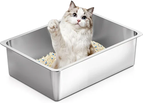 Miniatura 11 de Kirecoo - Caja de arena para gatos de acero inoxidable, bandeja de arena para gatos pequeña de metal con lados altos, bandeja de arena