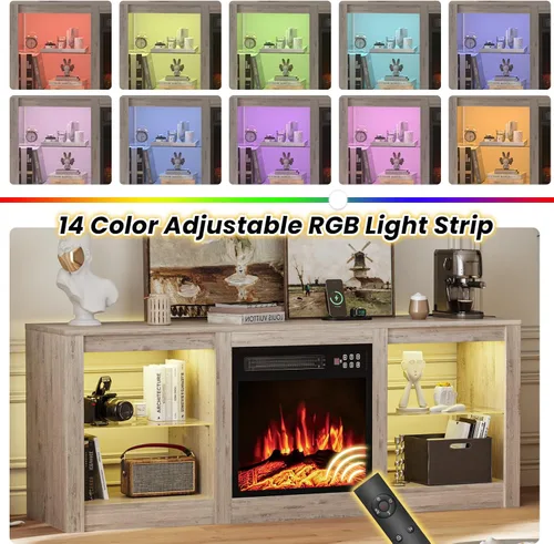 Miniatura 5 de EAG Soporte de TV con chimenea para TV de 65 pulgadas, soporte de TV con chimenea eléctrica de 18 pulgadas, centro de entretenimiento con estantes