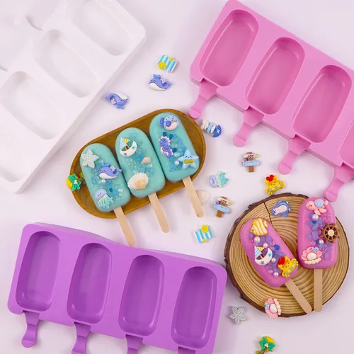 Miniatura 3 de 3 moldes de silicona grandes para paletas con tapas, 4 cavidades, moldes ovalados para barra de helado, moldes de silicona con 100 palos de madera