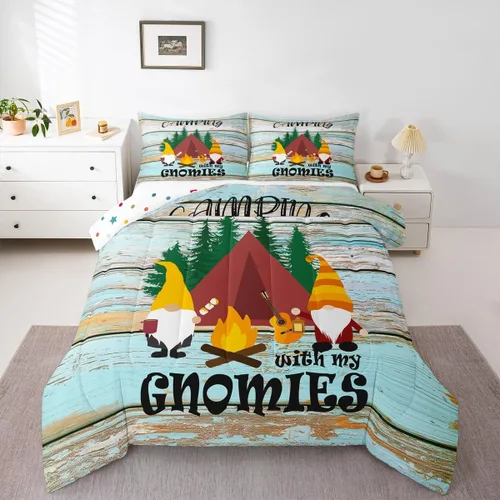 Juego de ropa de cama de campamento para niños, tamaño individual, juego de edredón de gnomos kawaii para niños y niñas, edredón vintage de madera