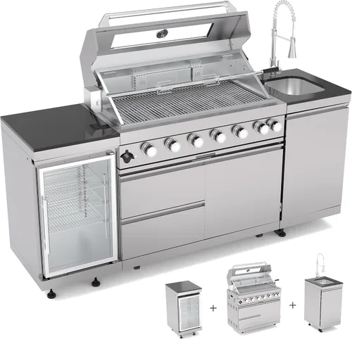 Miniatura 12 de Isla de cocina al aire libre de 153 pulgadas, combinación de parrilla de gas propano de 96000 BTU con refrigerador y fregadero, gabinete de cajón