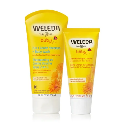 Weleda Baby Calendula - Champú corporal 2 en 1 suave y crema para pañales, 6.8 onzas líquidas, 2.8 onzas líquidas, cuidado del bebé rico en plantas